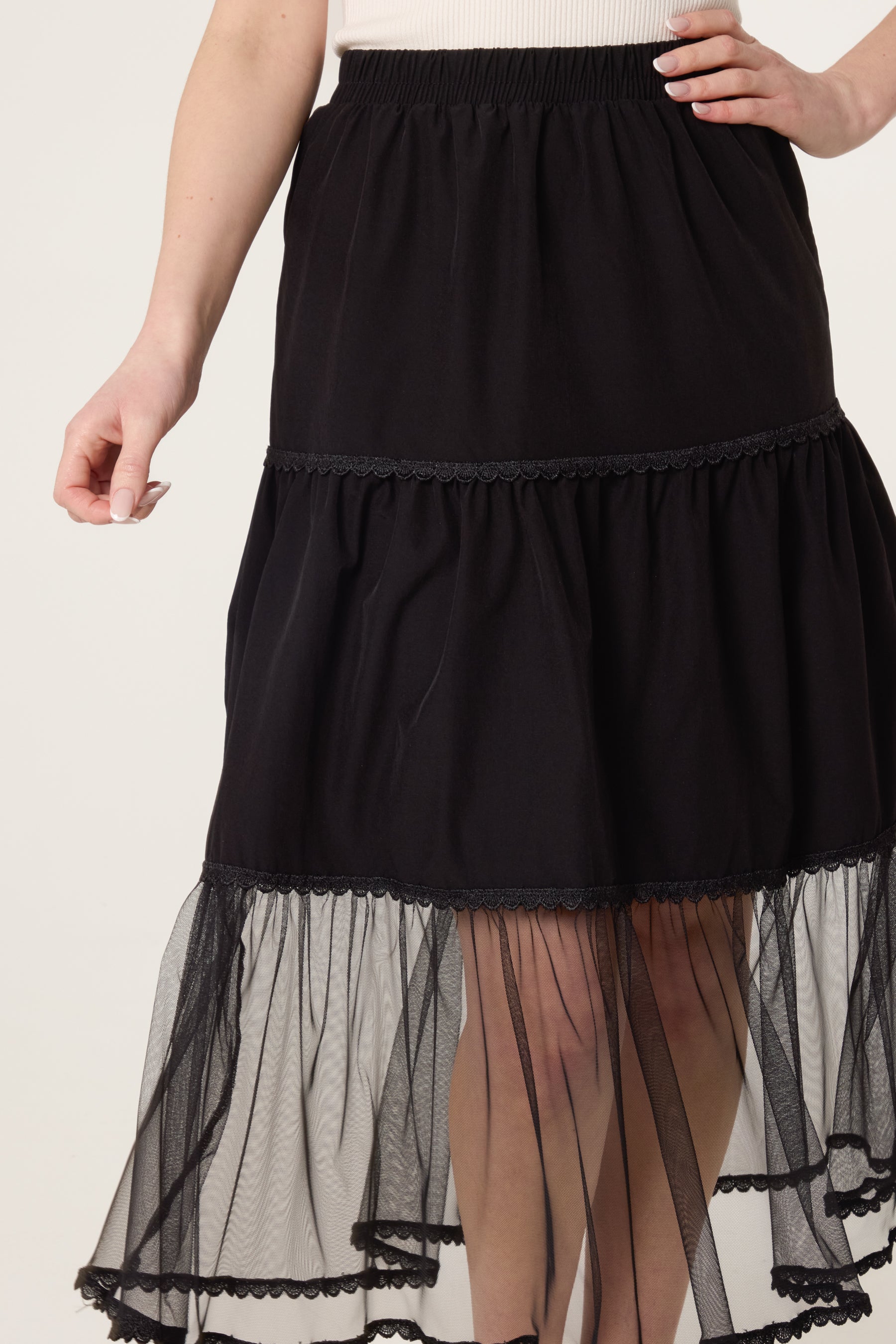 Lace Trim Tiered Midi Skirt