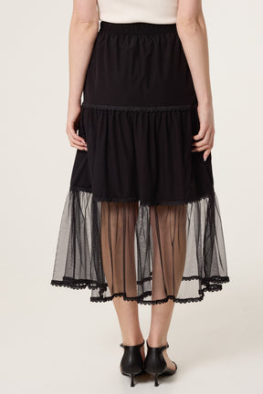 Lace Trim Tiered Midi Skirt