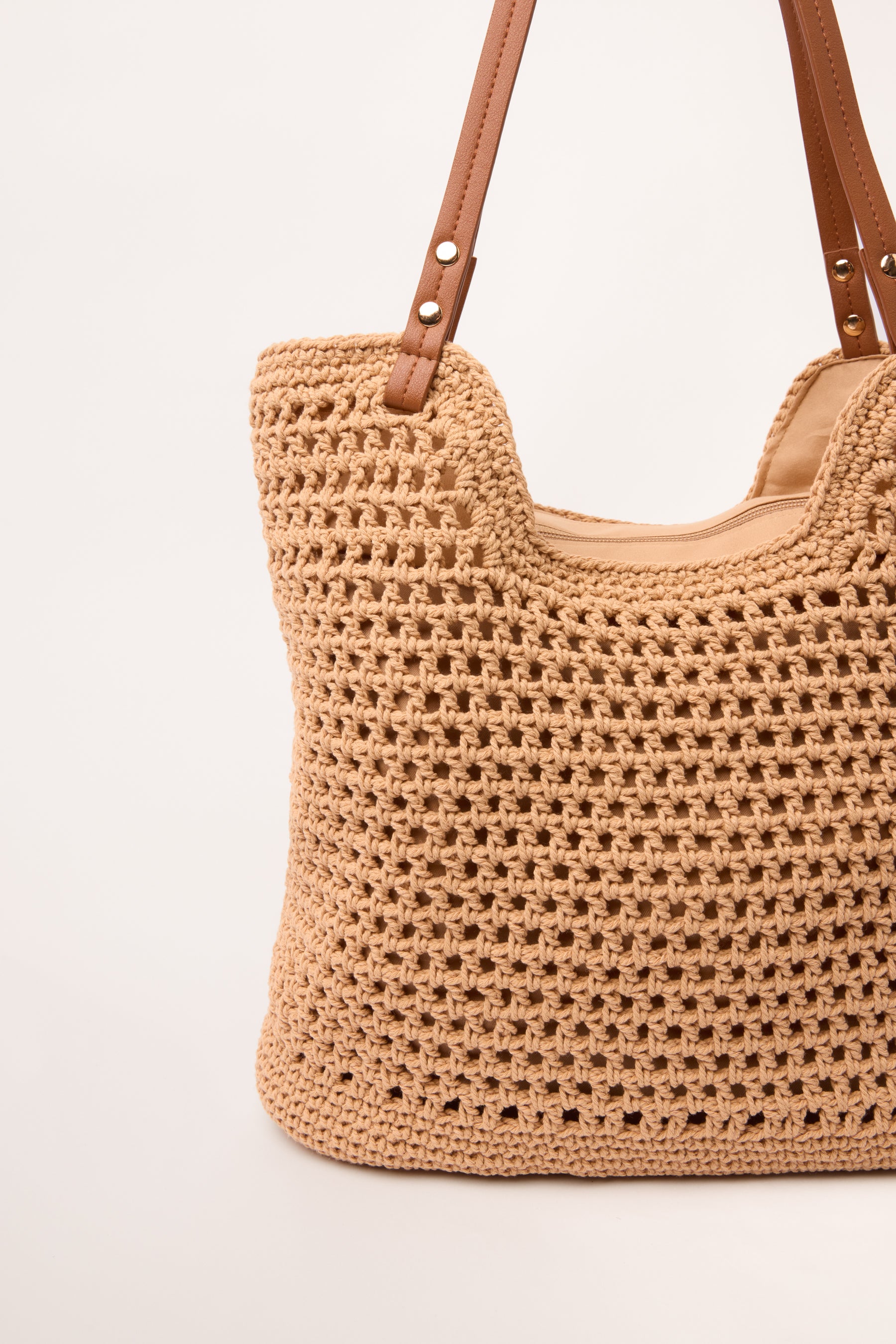 Crochet & Faux Leather Strap Tote Bag