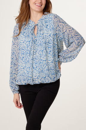 Grandad Tie Neck Printed Puffball Blouse