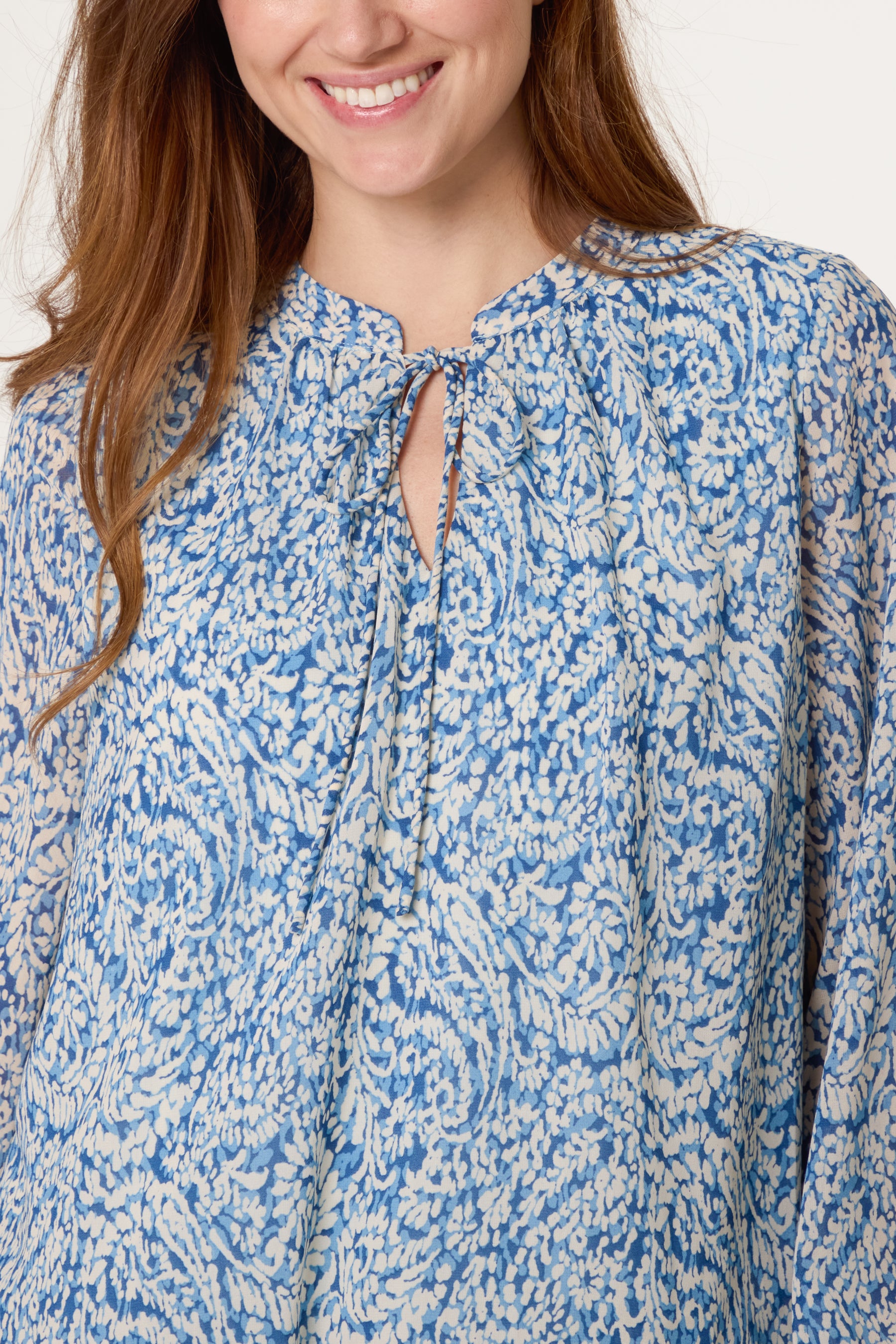 Grandad Tie Neck Printed Puffball Blouse