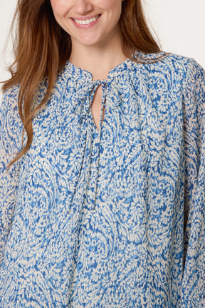 Grandad Tie Neck Printed Puffball Blouse