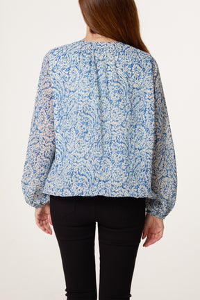 Grandad Tie Neck Printed Puffball Blouse