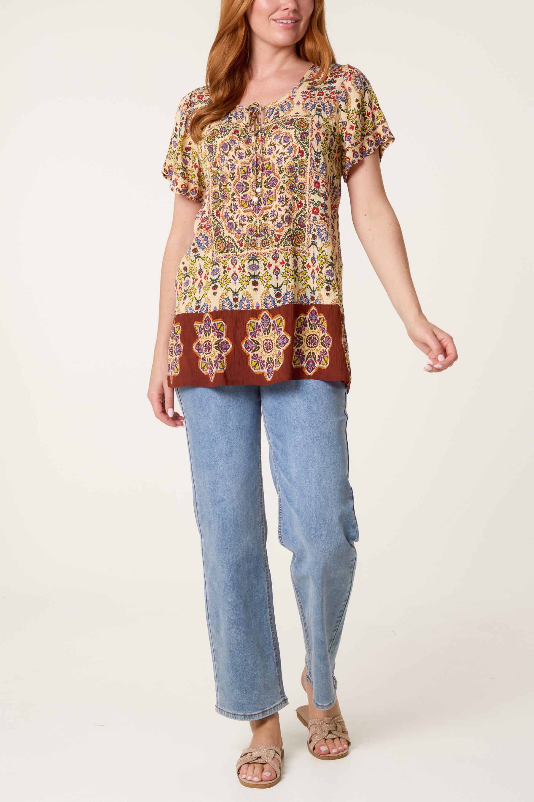 Beaded Tie Front Printed Top
