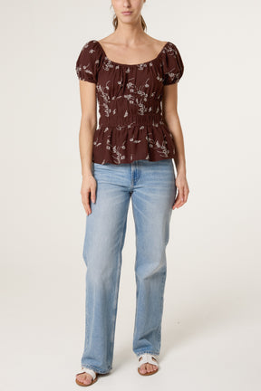 Shirred Floral Embroidery Peplum Blouse