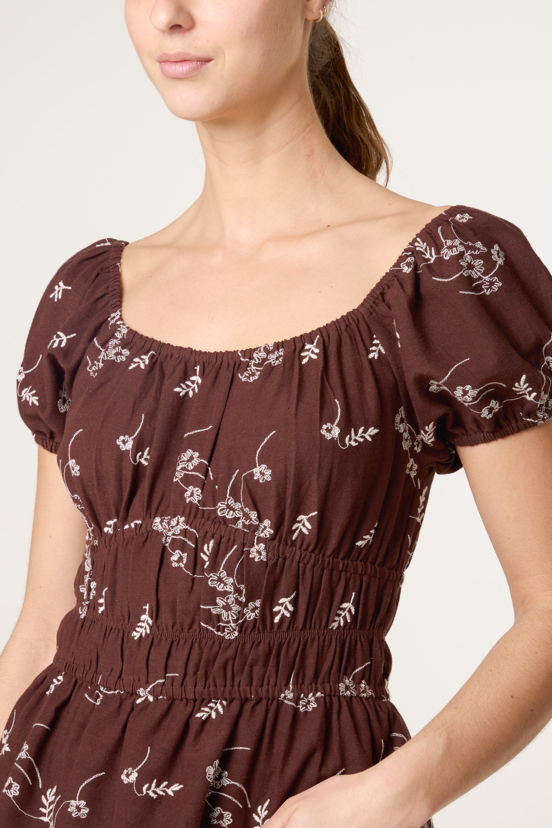 Shirred Floral Embroidery Peplum Blouse