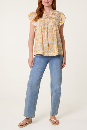 Boho Ruffle Floral & Lace Sleeve Top