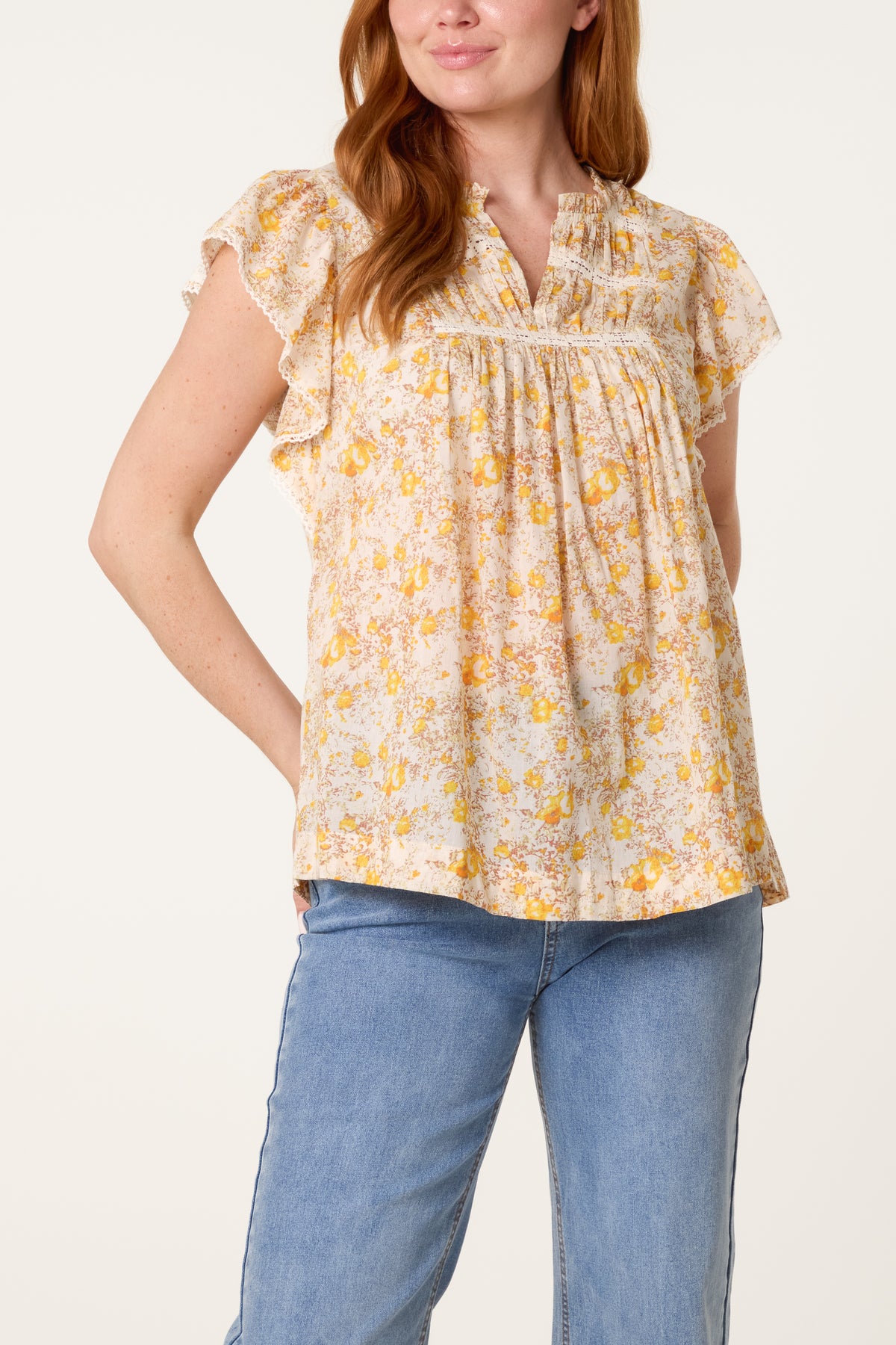 Boho Ruffle Floral & Lace Sleeve Top