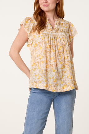 Boho Ruffle Floral & Lace Sleeve Top
