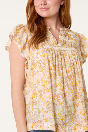 Boho Ruffle Floral & Lace Sleeve Top