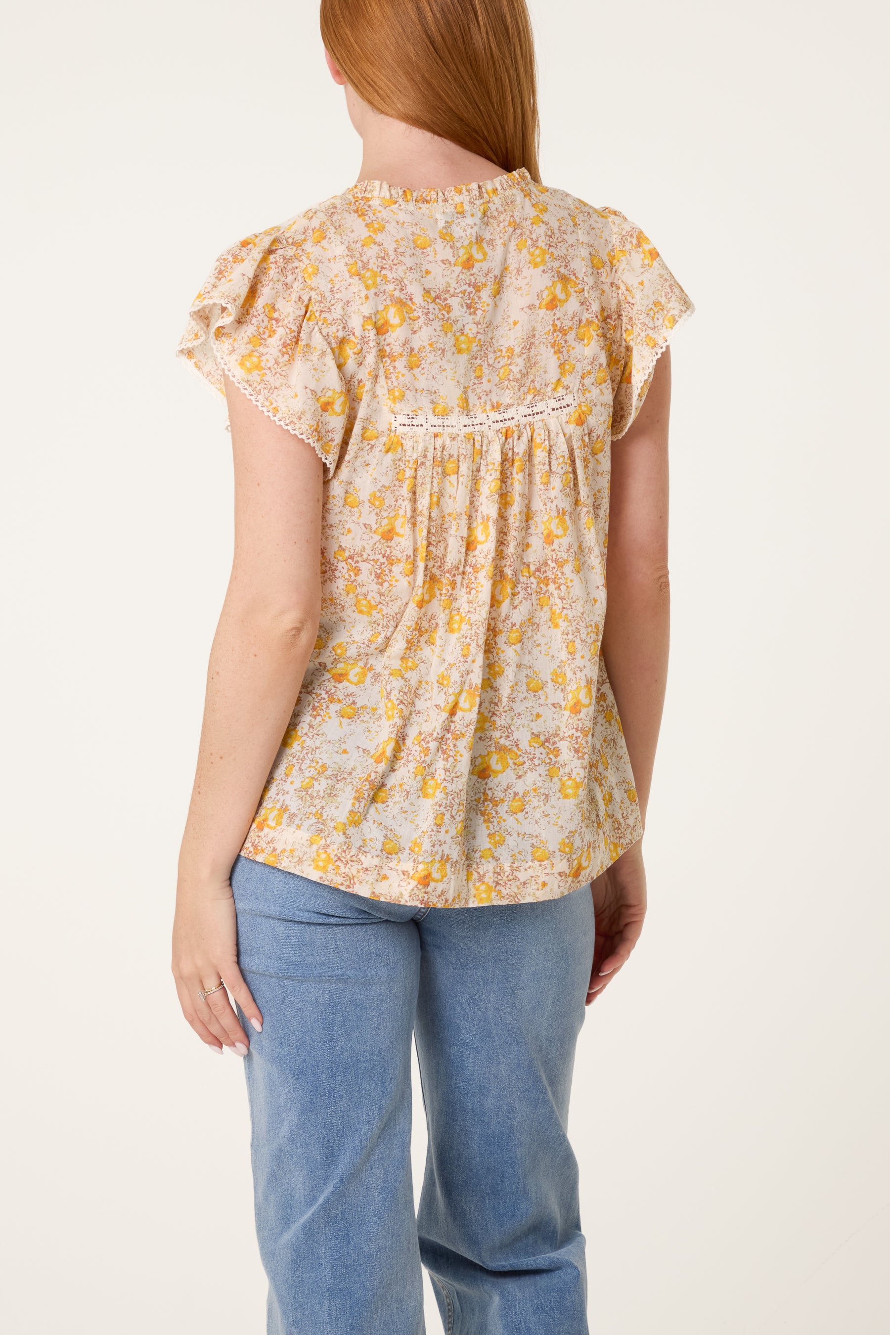 Boho Ruffle Floral & Lace Sleeve Top