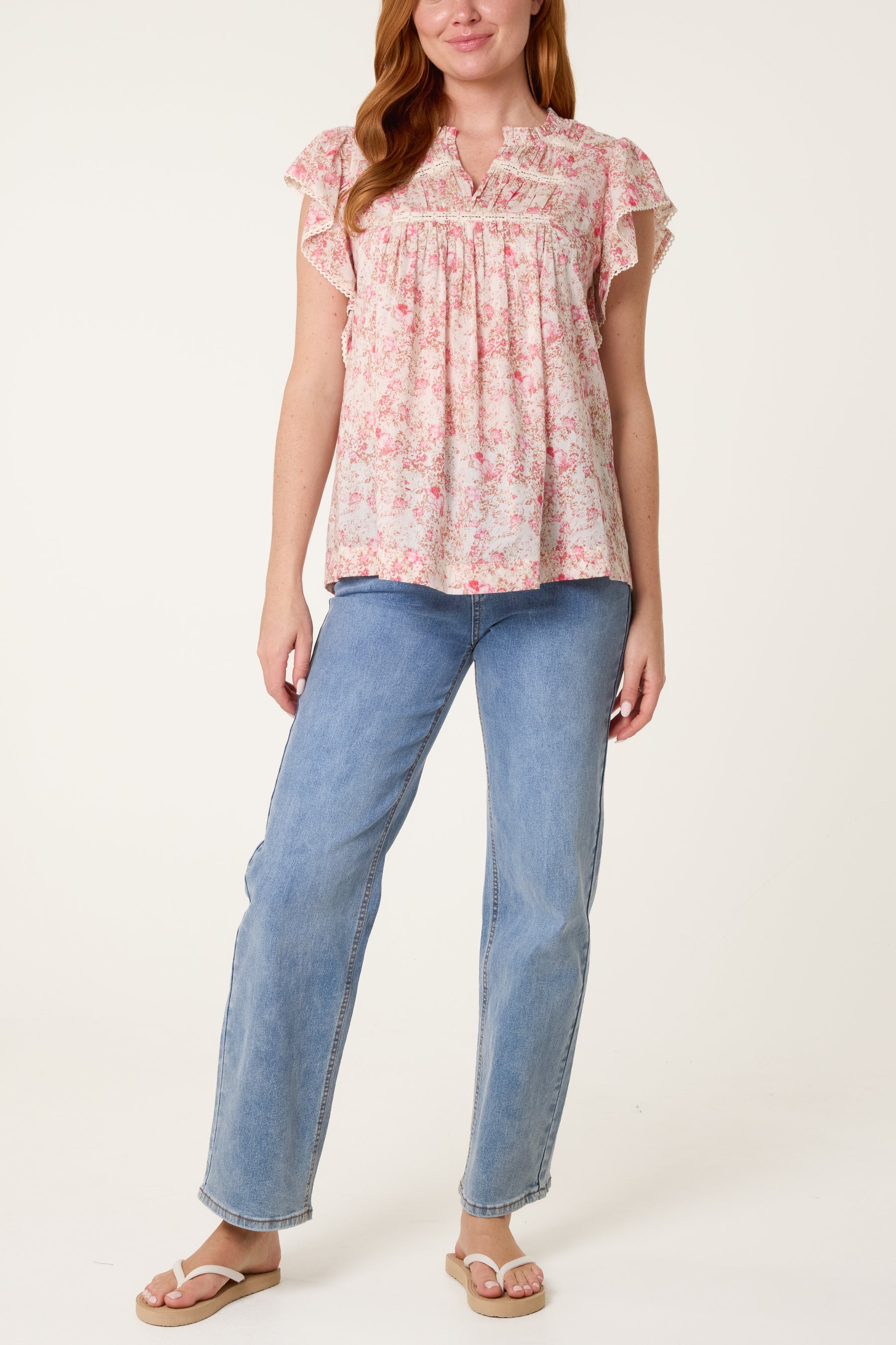 Boho Ruffle Floral & Lace Sleeve Top