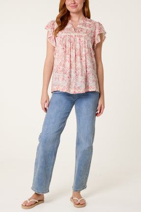 Boho Ruffle Floral & Lace Sleeve Top