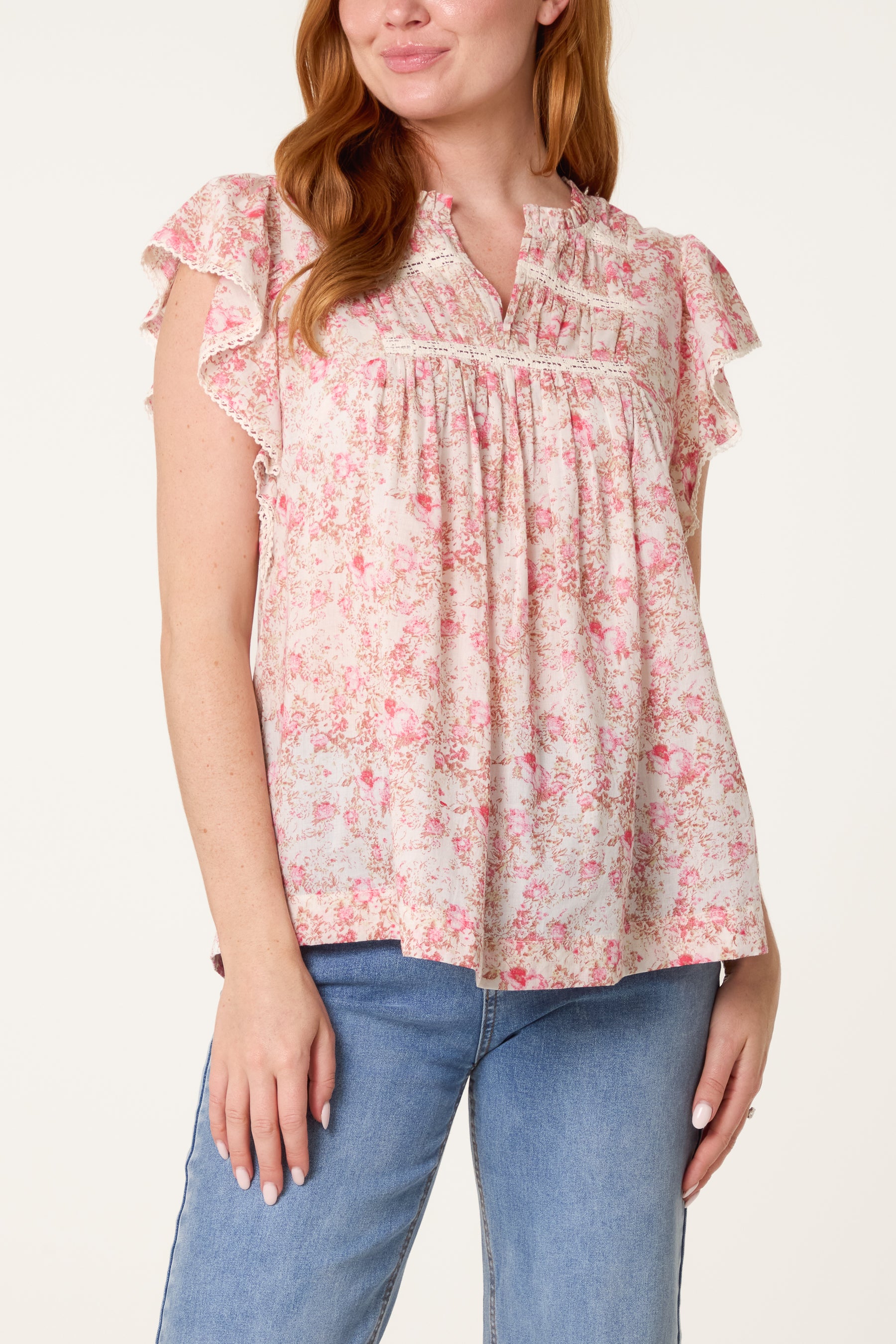 Boho Ruffle Floral & Lace Sleeve Top