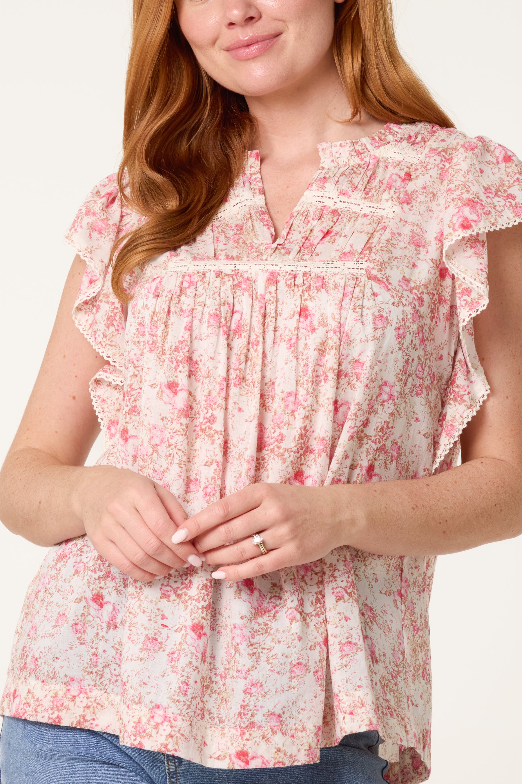 Boho Ruffle Floral & Lace Sleeve Top