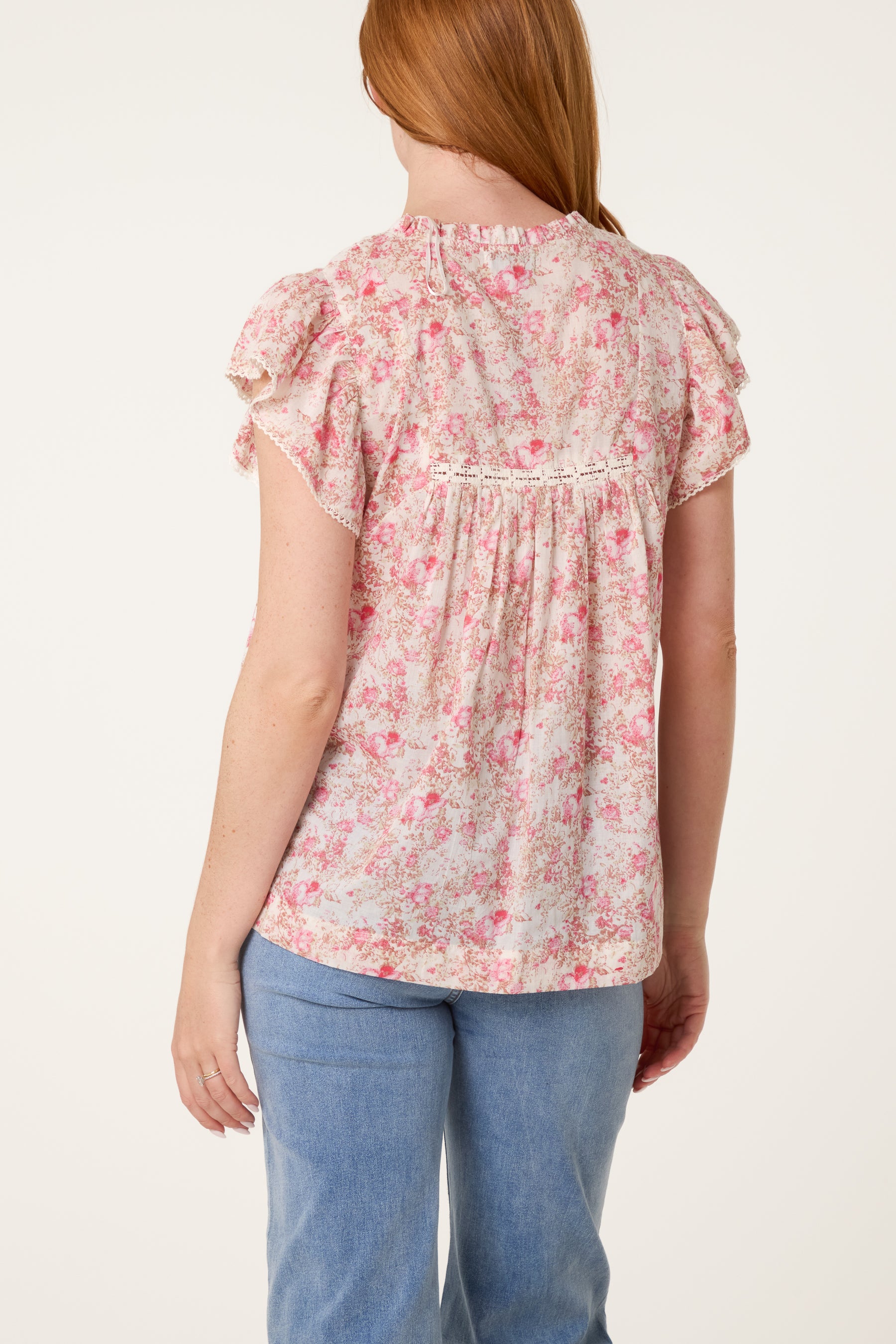 Boho Ruffle Floral & Lace Sleeve Top
