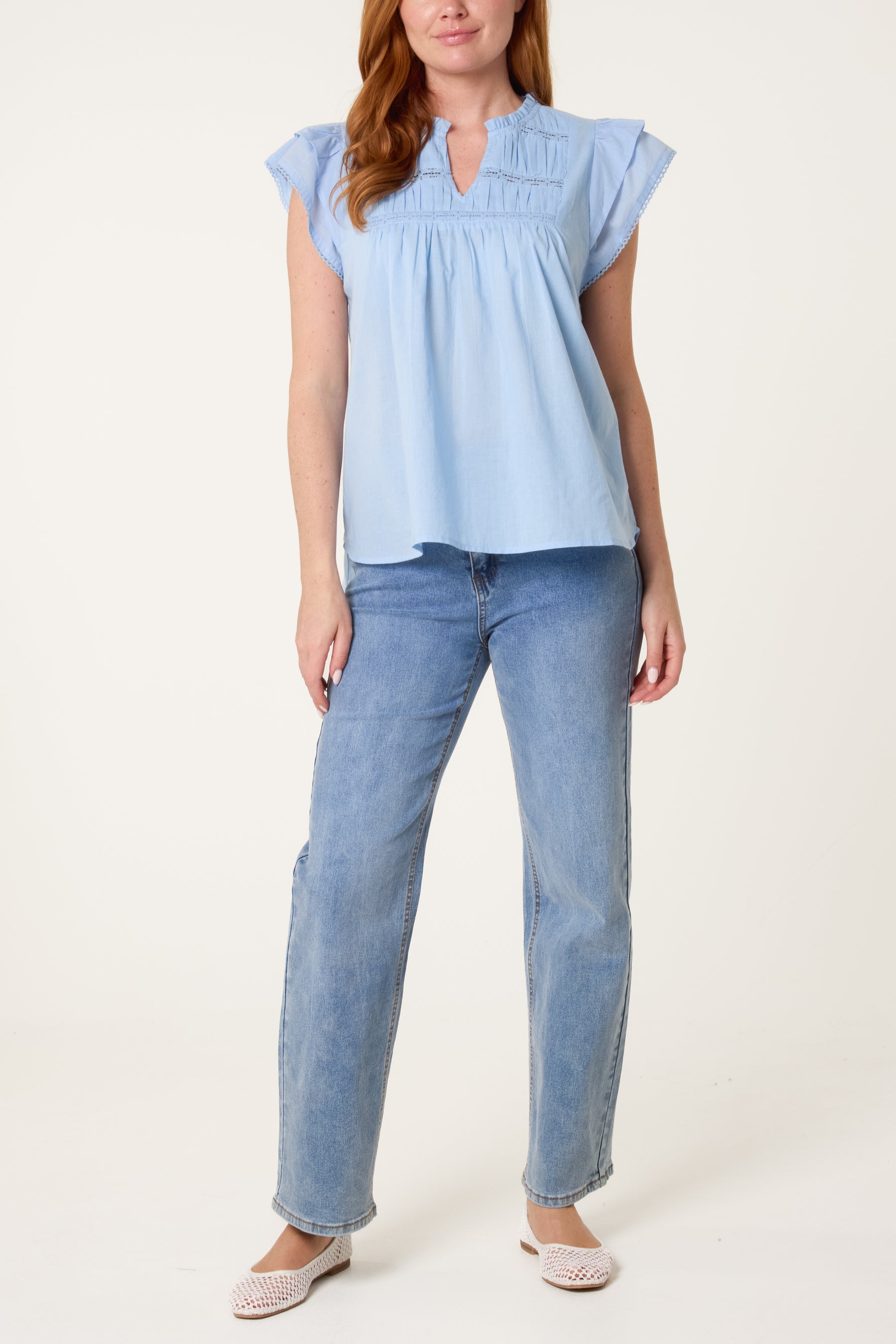 Boho Cotton Ruffle & Lace Sleeve Top