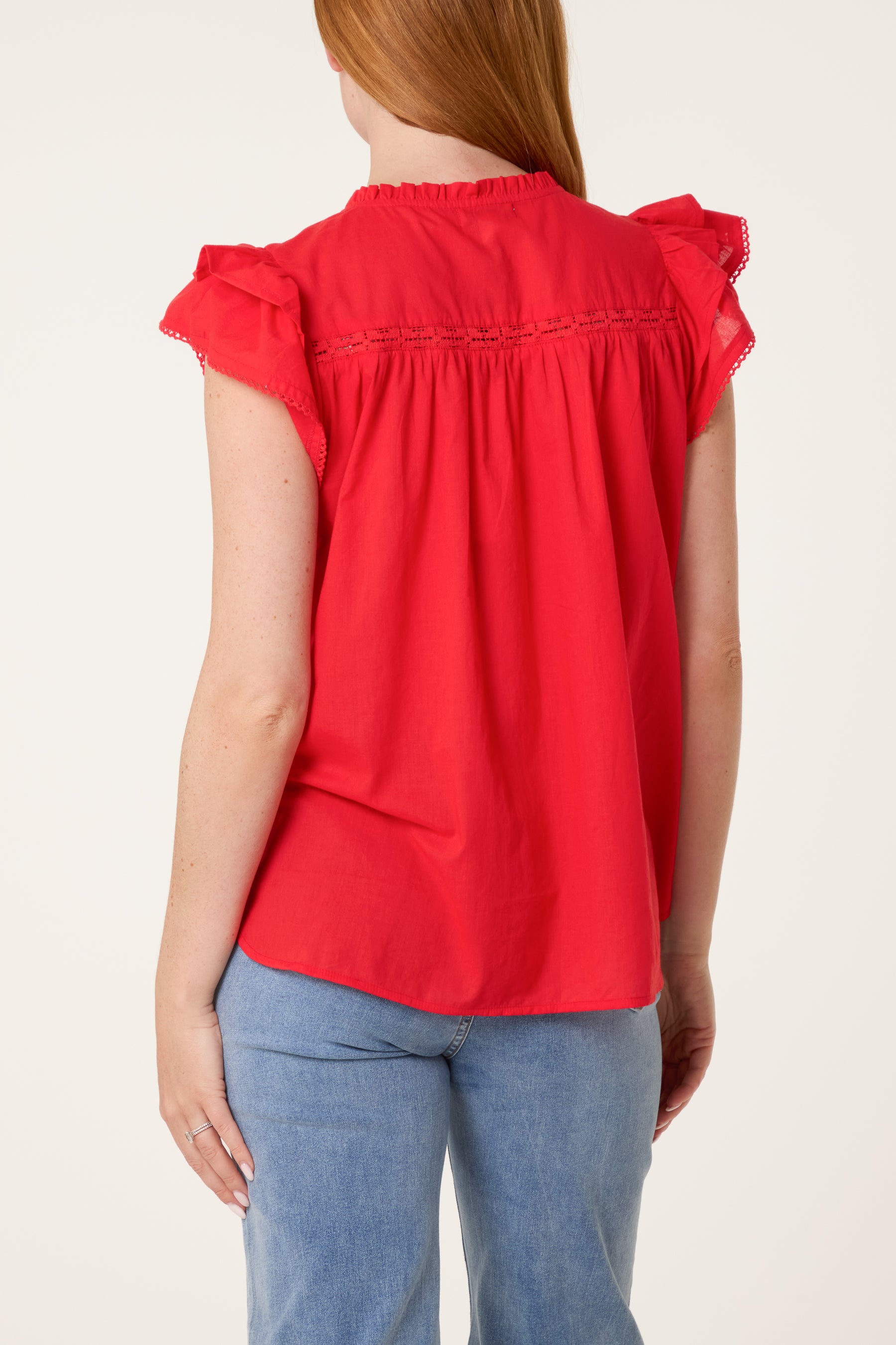Boho Cotton Ruffle & Lace Sleeve Top