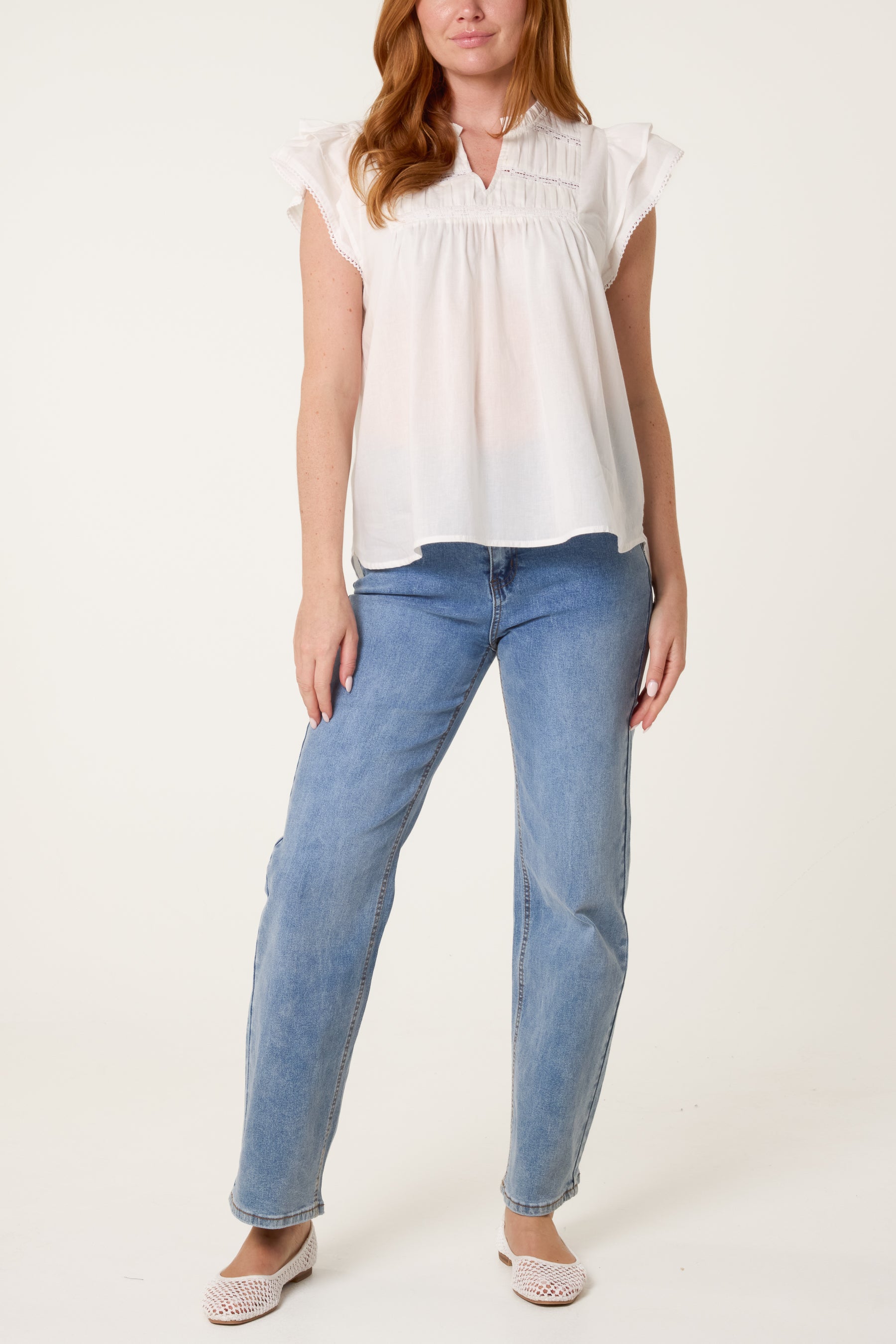 Boho Cotton Ruffle & Lace Sleeve Top