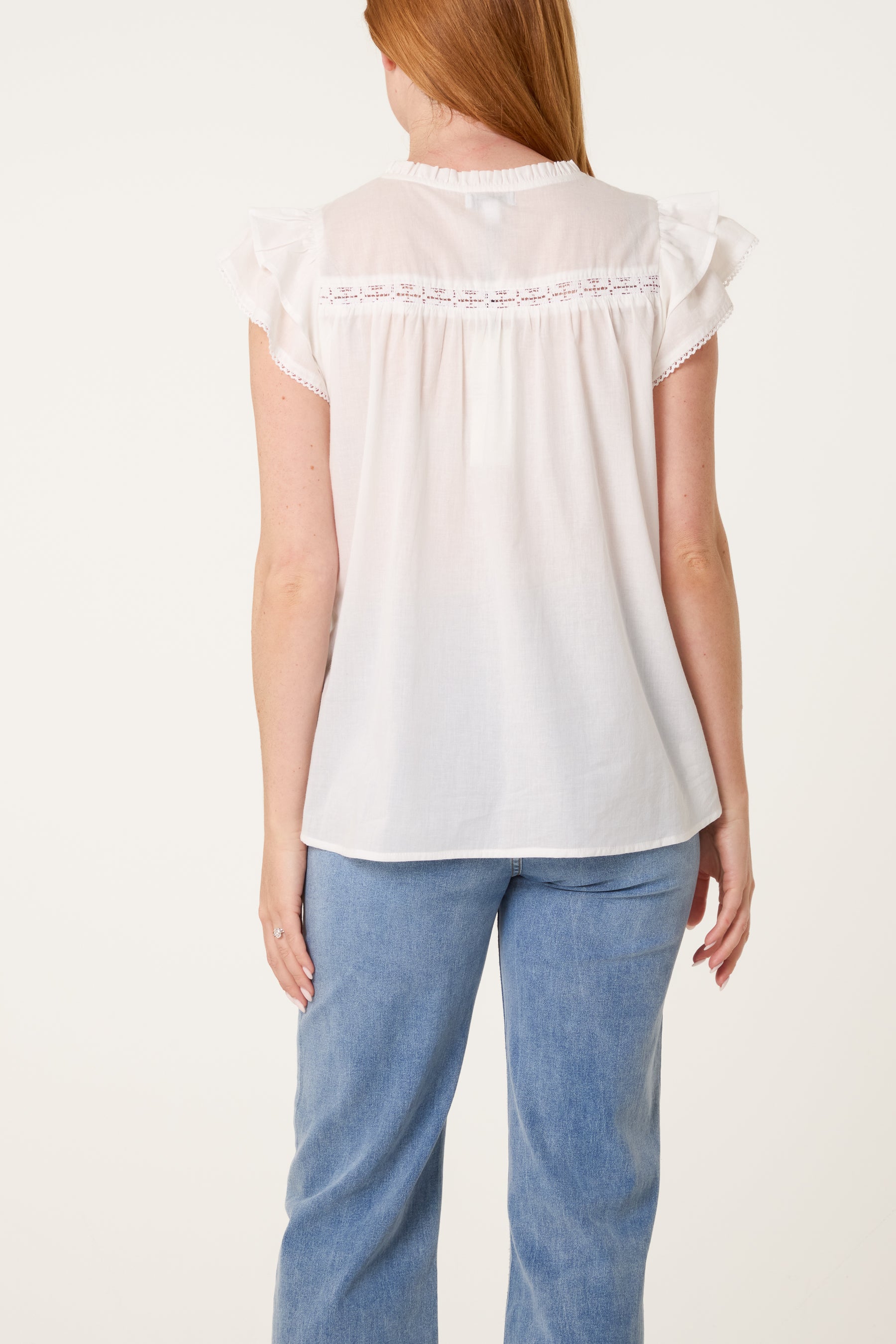 Boho Cotton Ruffle & Lace Sleeve Top