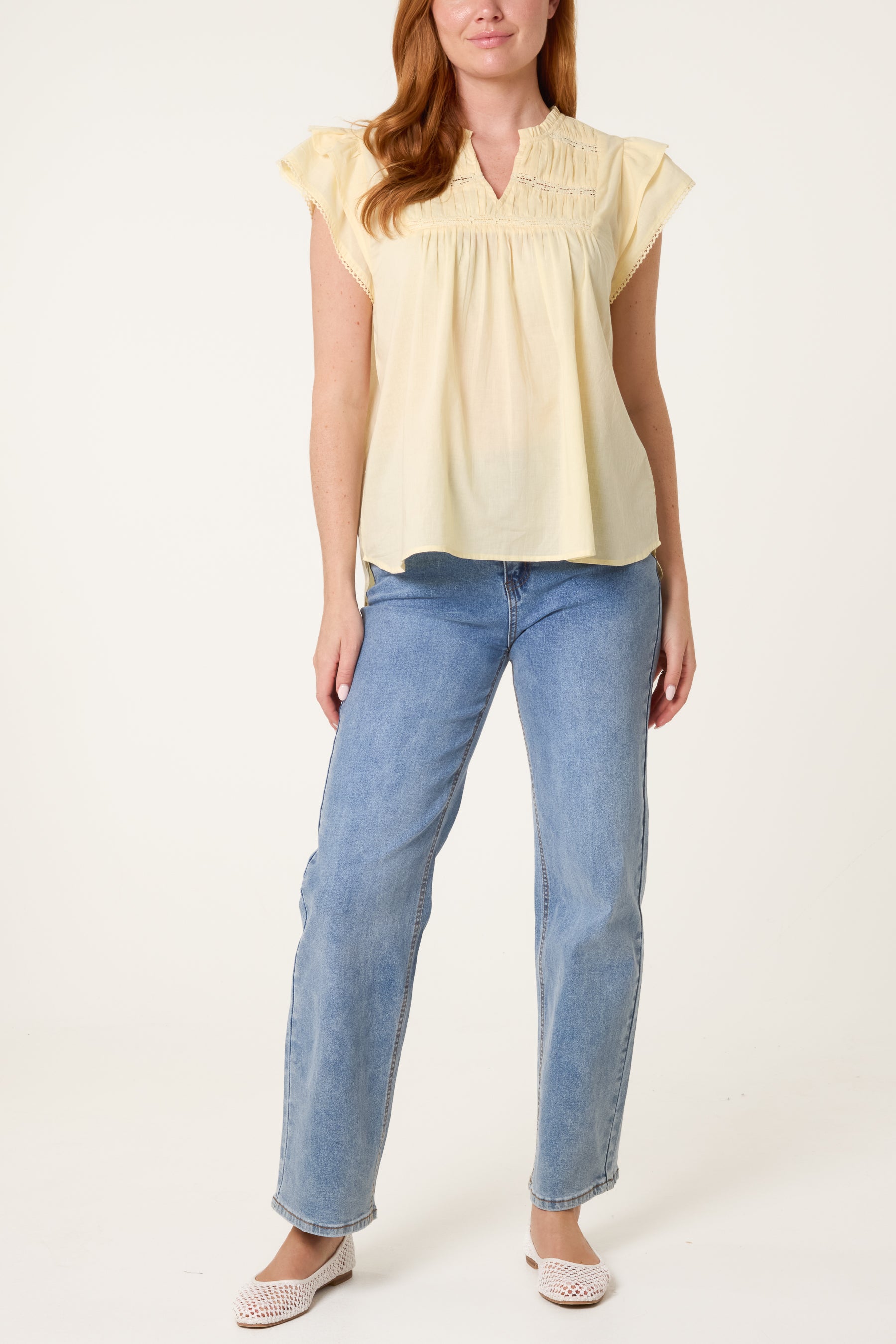 Boho Cotton Ruffle & Lace Sleeve Top