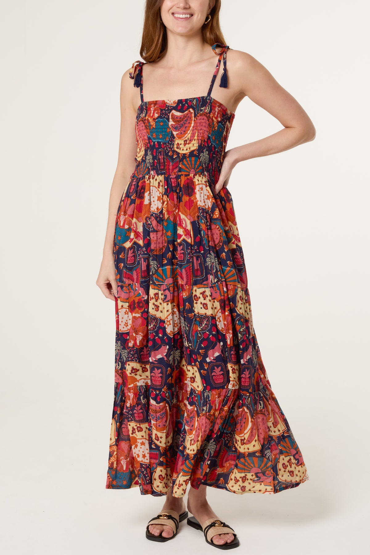 Whimsical Patchwork Shirred Midi Dress