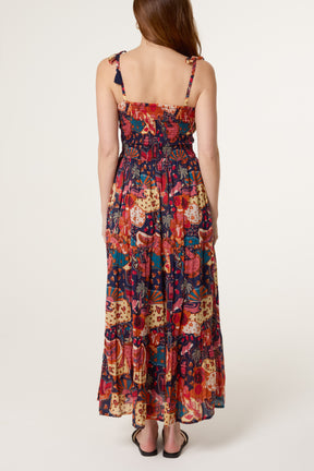 Whimsical Patchwork Shirred Midi Dress