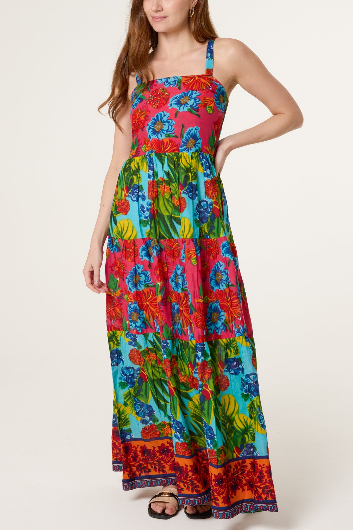 Floral Beaded Sleeveless Tiered Maxi Dress
