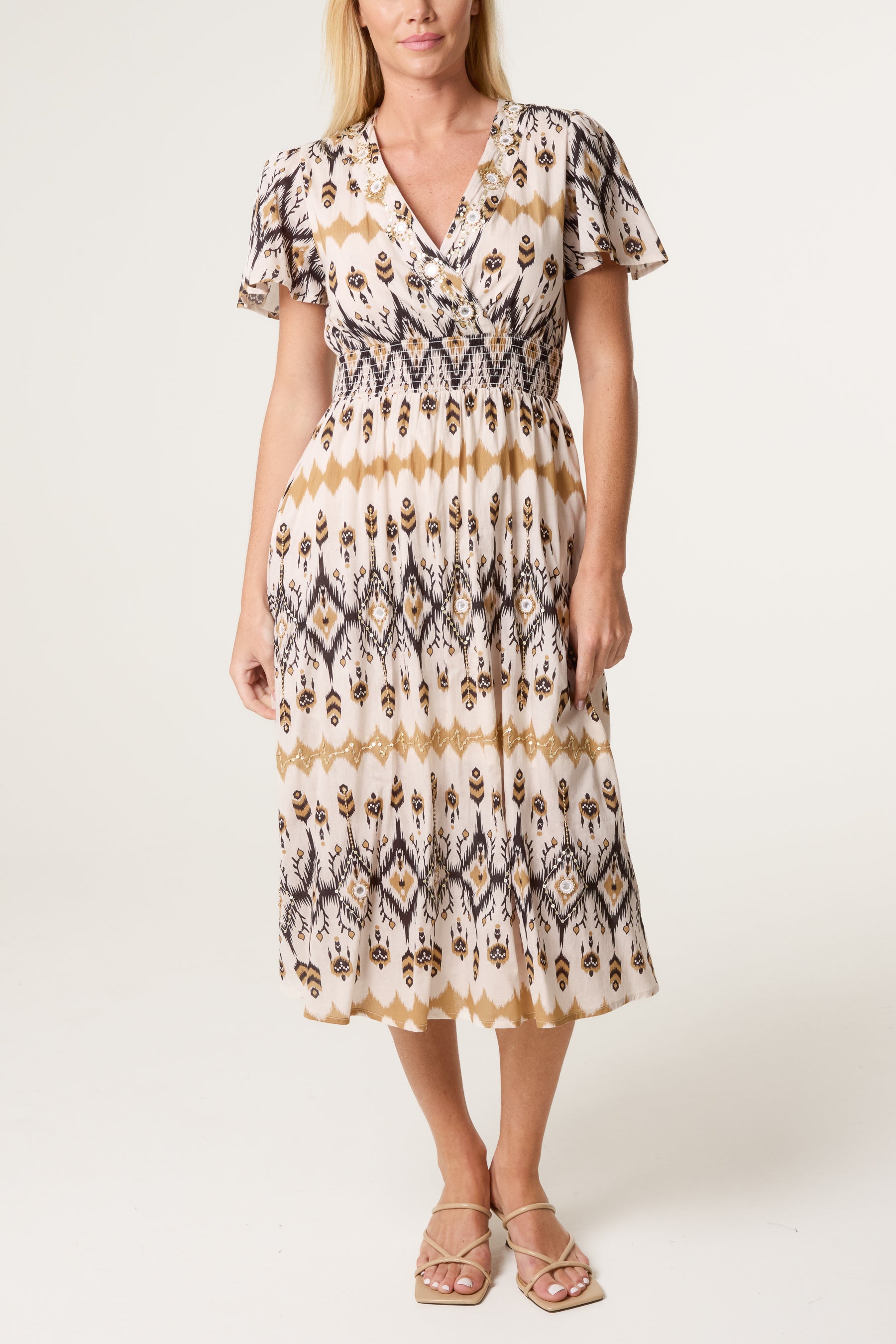 Aztec Embellished Wrap Midi Dress