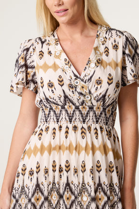 Aztec Embellished Wrap Midi Dress