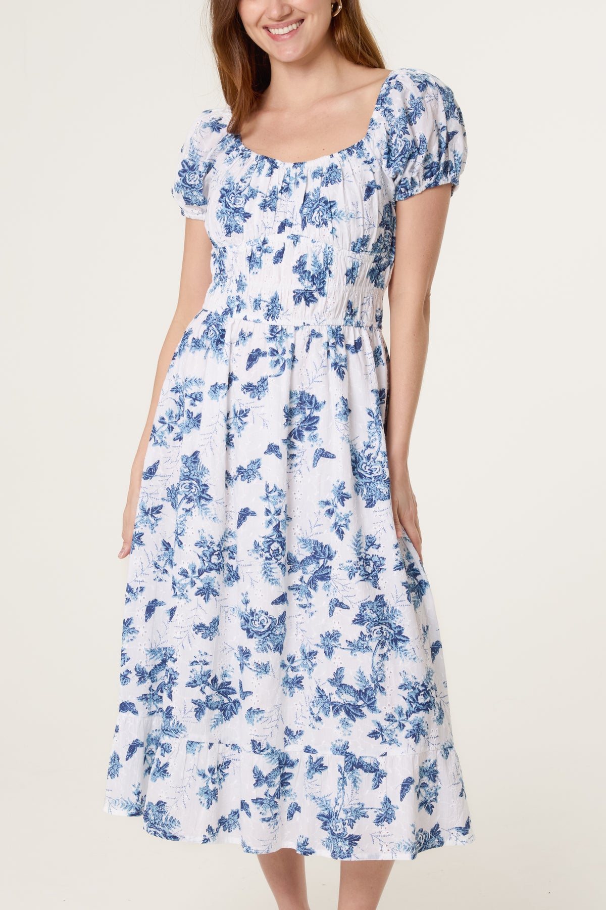 Puff Sleeve Shirred Embroidered Floral Dress