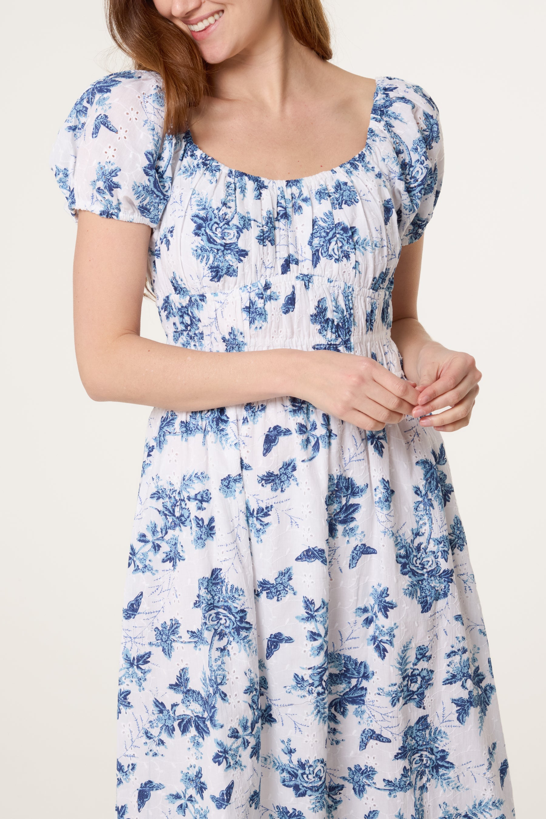 Puff Sleeve Shirred Embroidered Floral Dress