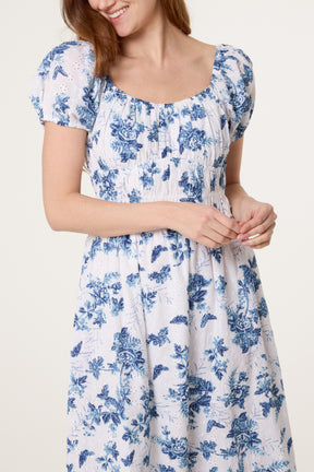 Puff Sleeve Shirred Embroidered Floral Dress