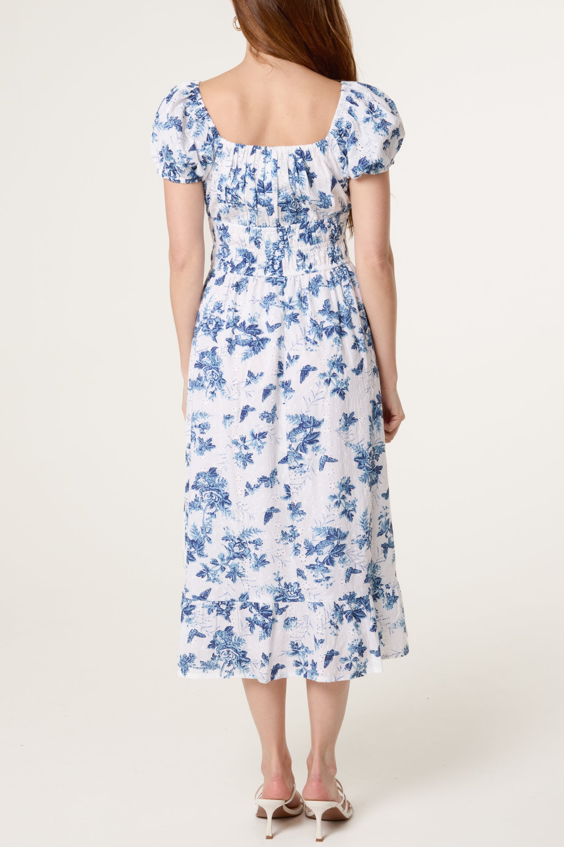 Puff Sleeve Shirred Embroidered Floral Dress