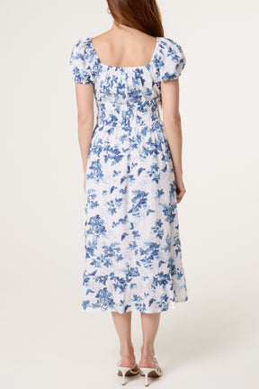 Puff Sleeve Shirred Embroidered Floral Dress