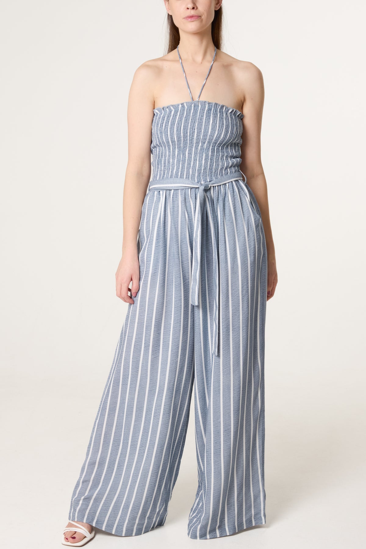 Shirred Tie Neck Striped Jumpsuit