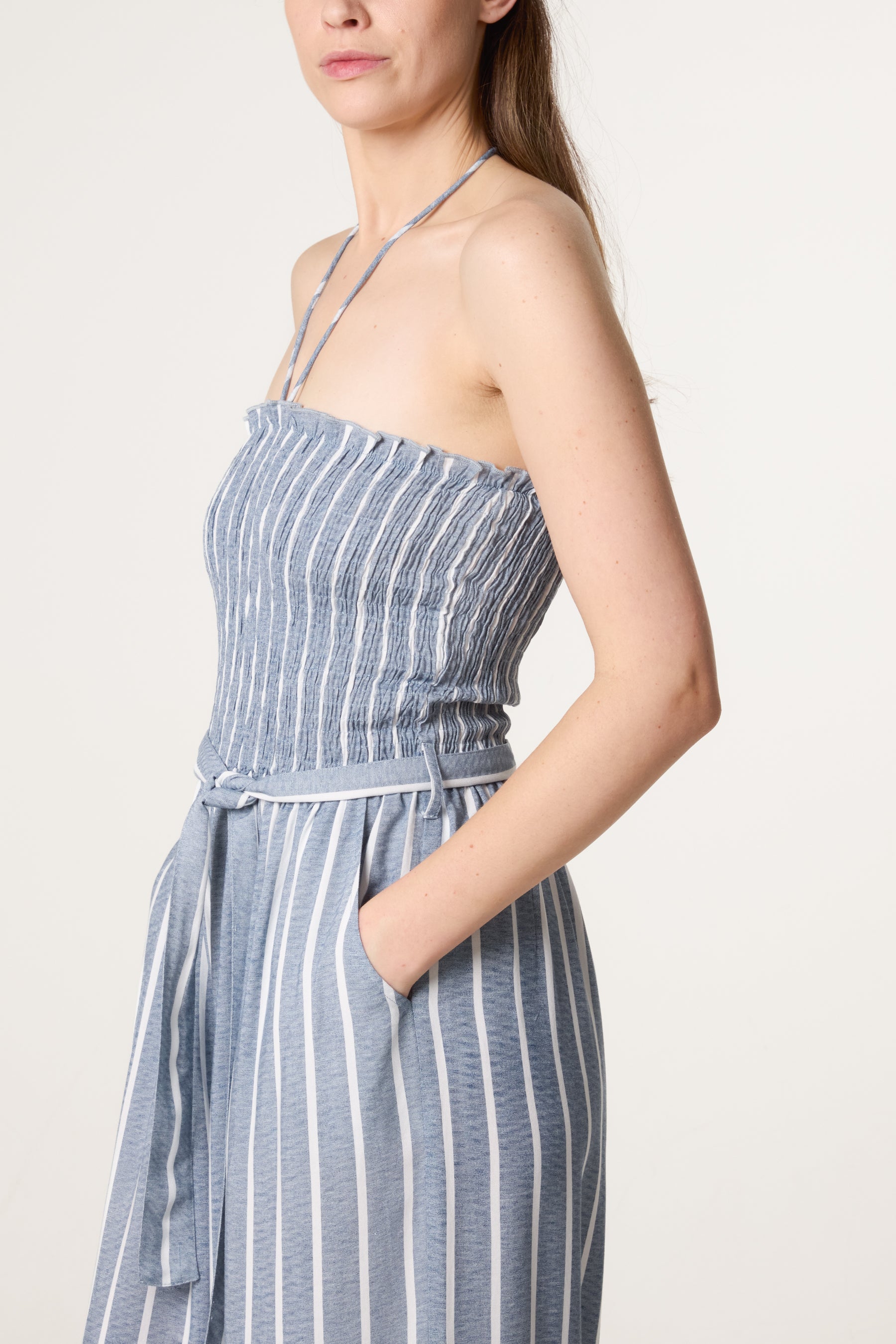 Shirred Tie Neck Striped Jumpsuit