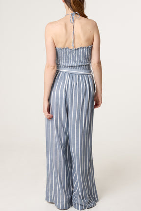 Shirred Tie Neck Striped Jumpsuit