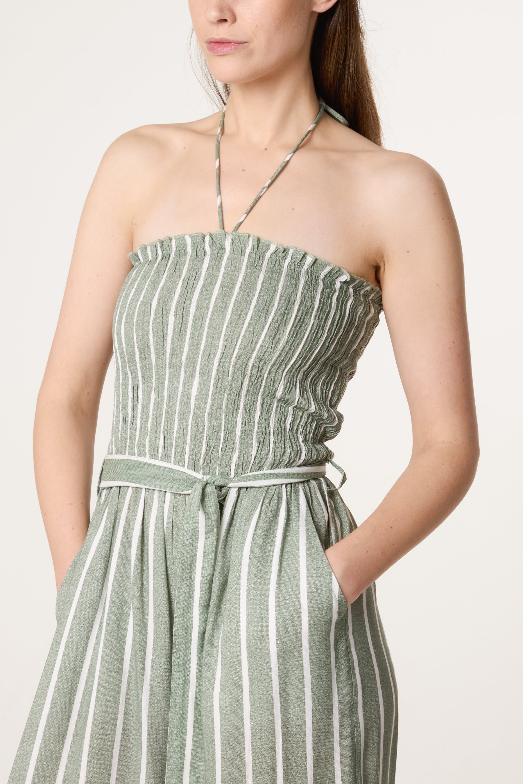 Shirred Tie Neck Striped Jumpsuit