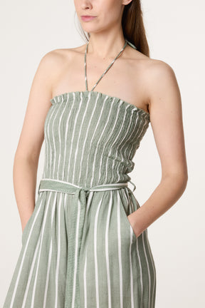 Shirred Tie Neck Striped Jumpsuit