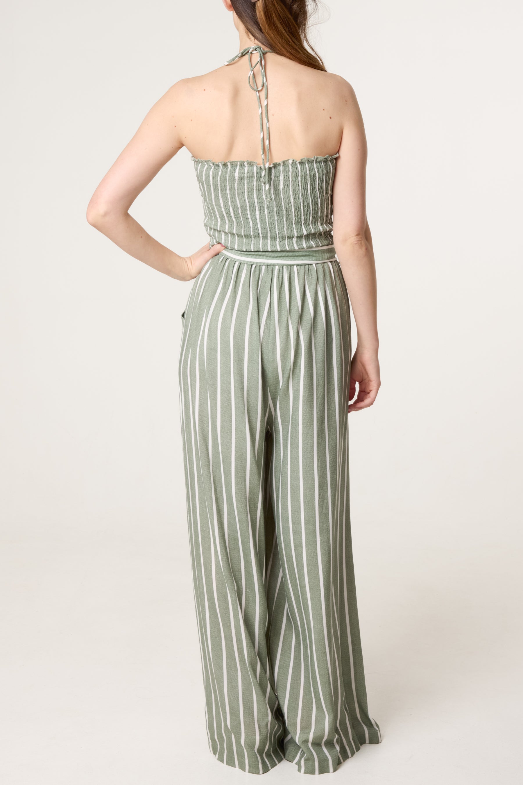 Shirred Tie Neck Striped Jumpsuit