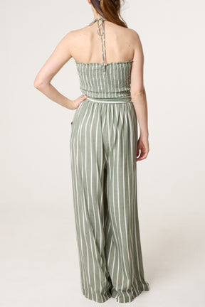 Shirred Tie Neck Striped Jumpsuit
