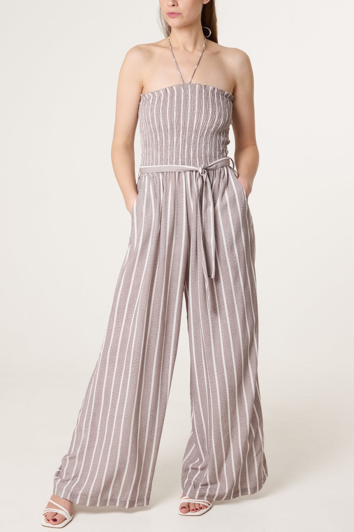 Shirred Tie Neck Striped Jumpsuit
