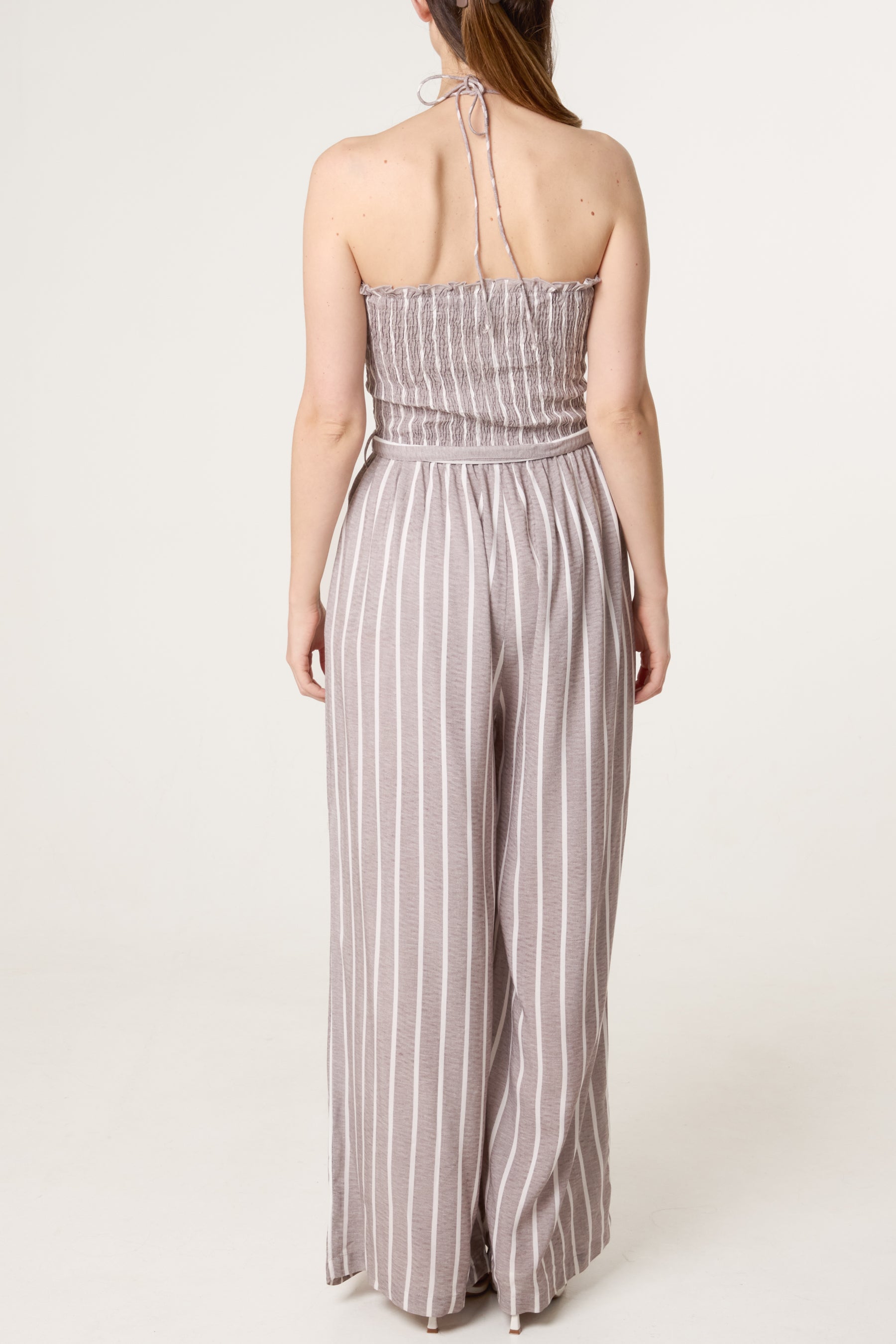 Shirred Tie Neck Striped Jumpsuit