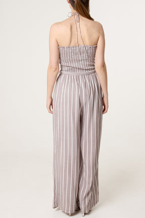 Shirred Tie Neck Striped Jumpsuit