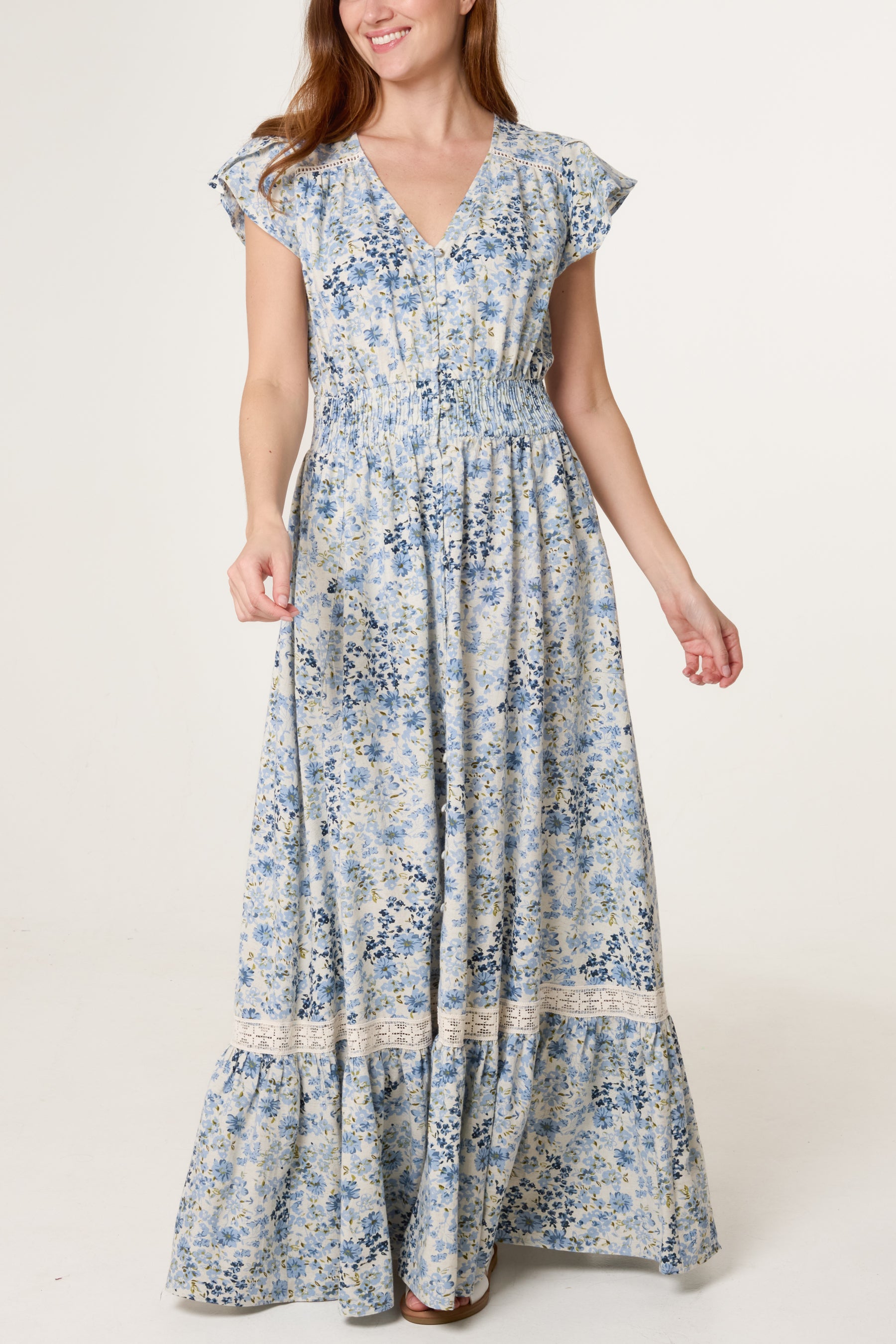 Floral Print Shirred Waist Maxi Dress