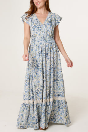 Floral Print Shirred Waist Maxi Dress