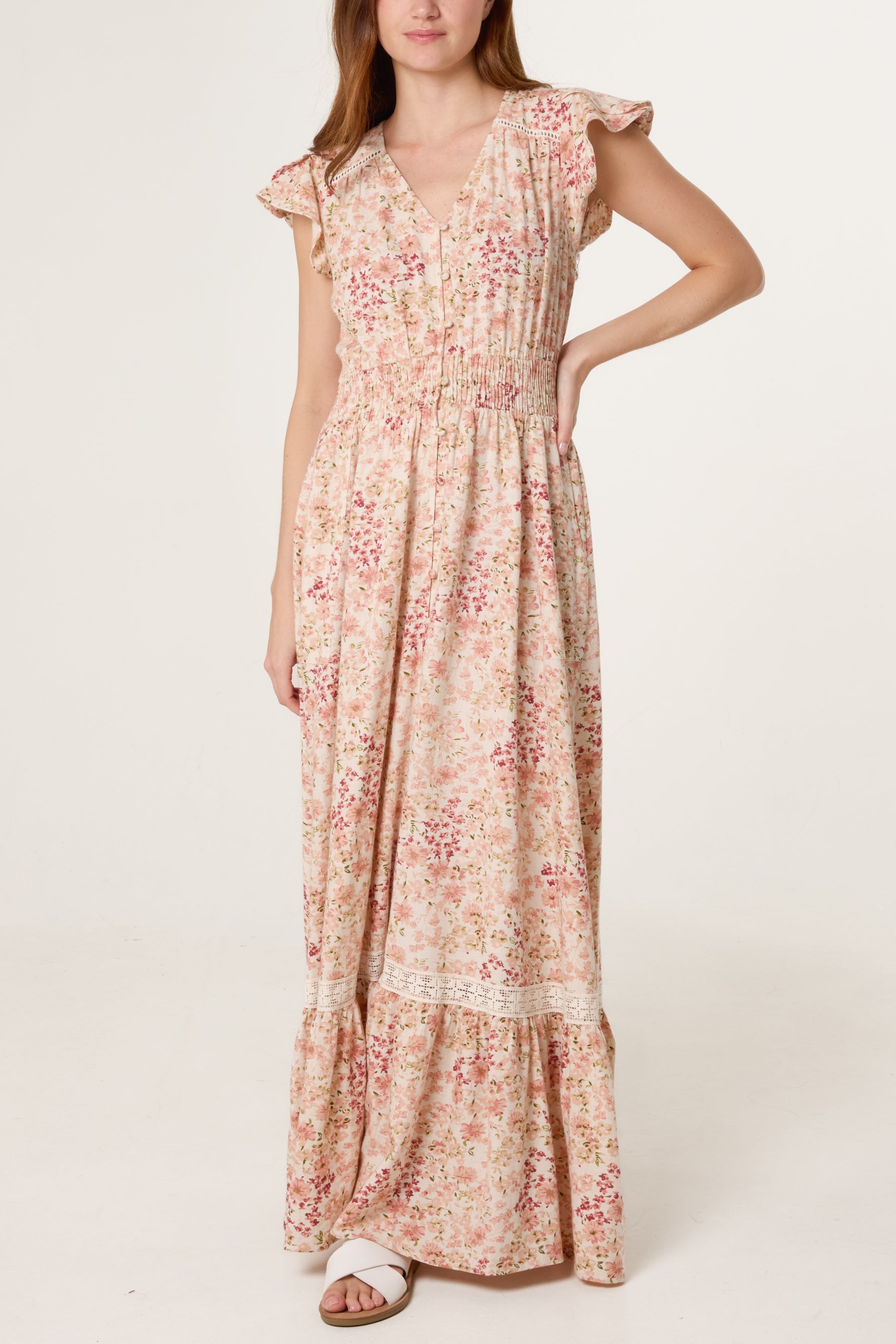 Floral Print Shirred Waist Maxi Dress