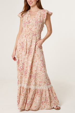 Floral Print Shirred Waist Maxi Dress