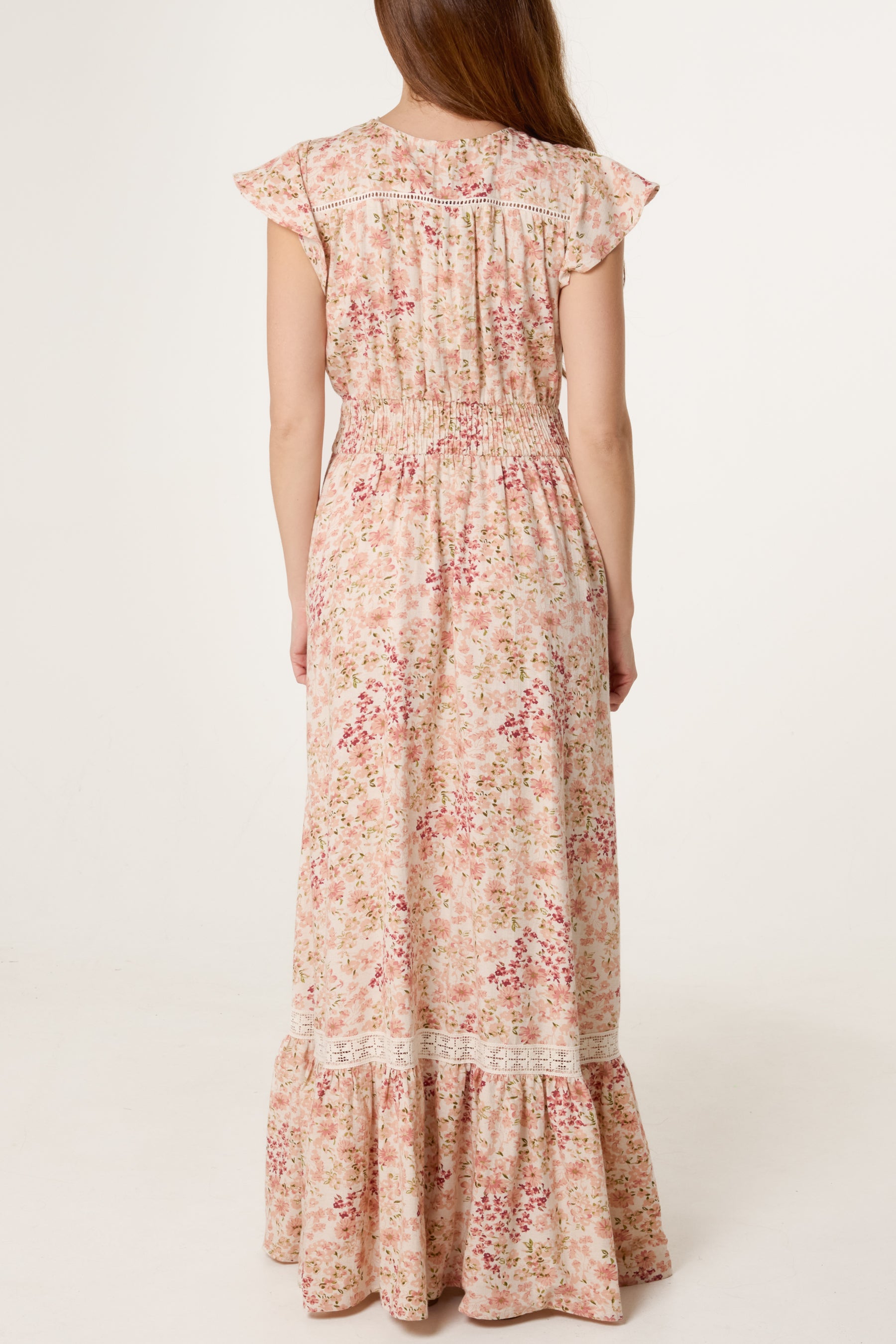 Floral Print Shirred Waist Maxi Dress
